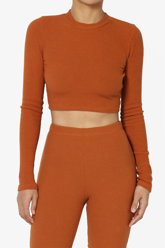 Costello Open Back Tie Long Sleeve Ribbed Top CARAMEL_2