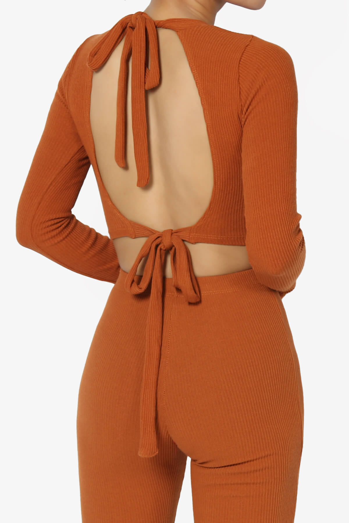 Costello Open Back Tie Long Sleeve Ribbed Top CARAMEL_3
