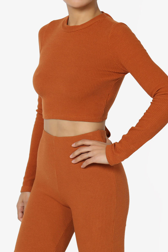 Costello Open Back Tie Long Sleeve Ribbed Top CARAMEL_4