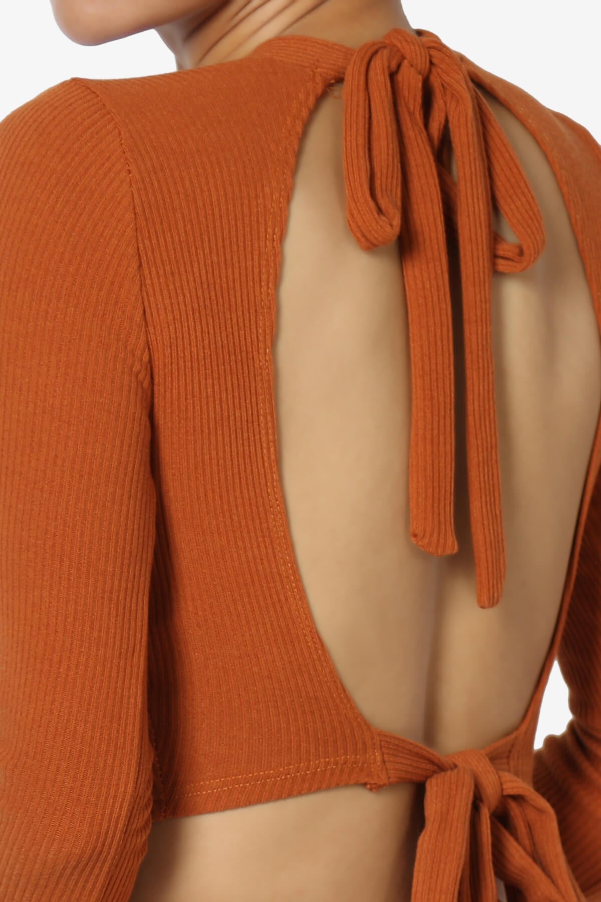 Costello Open Back Tie Long Sleeve Ribbed Top CARAMEL_5