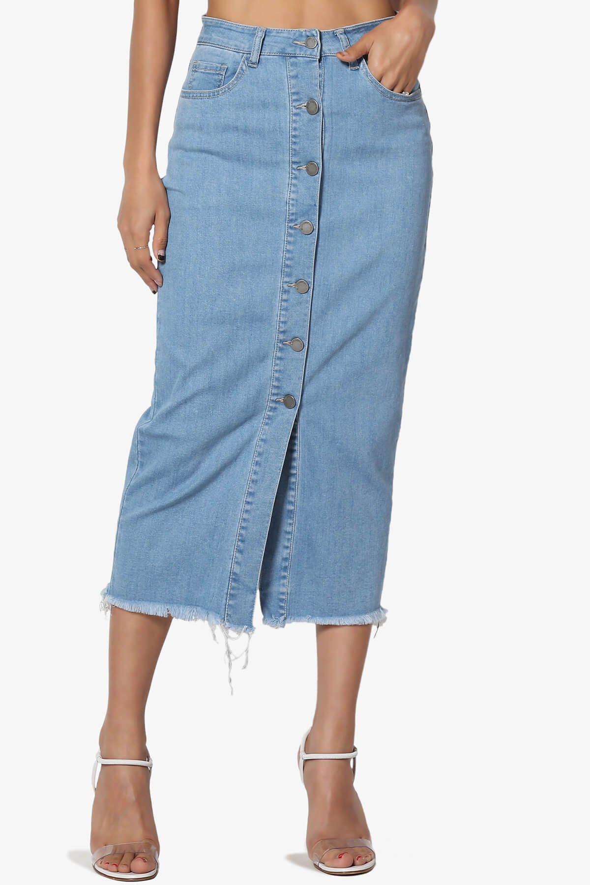 High Waist Button Front Slit Below Knee Mid Calf Denim Pencil Skirt –  TheMogan