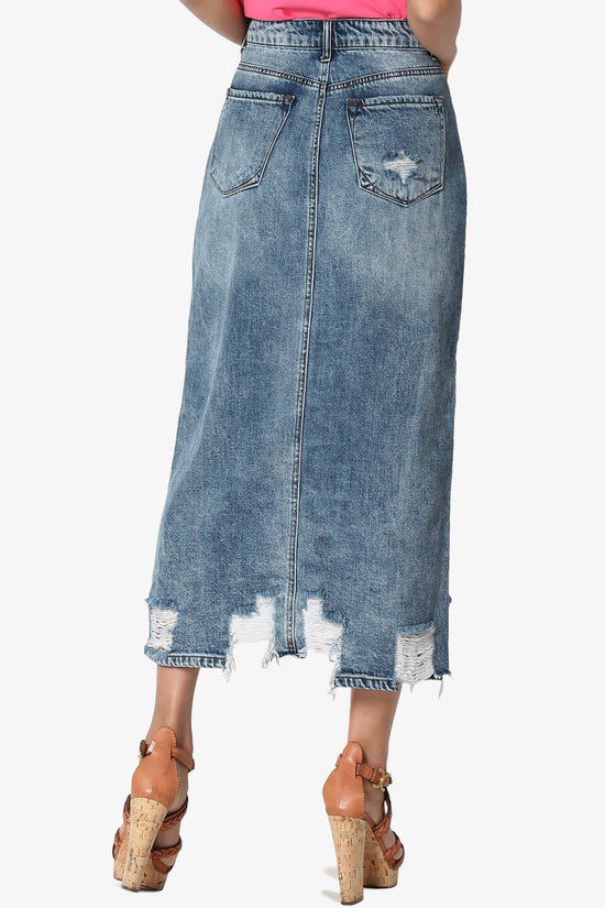 Abigail Distressed Front Slit Denim Long Skirt