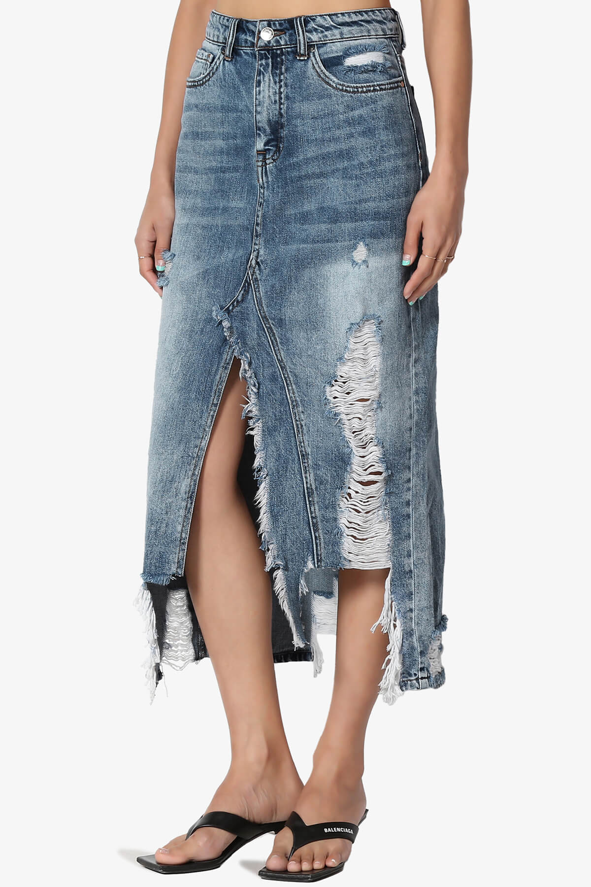 Abigail Distressed Front Slit Denim Long Skirt