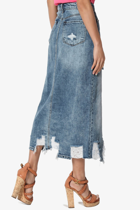 Abigail Distressed Front Slit Denim Long Skirt