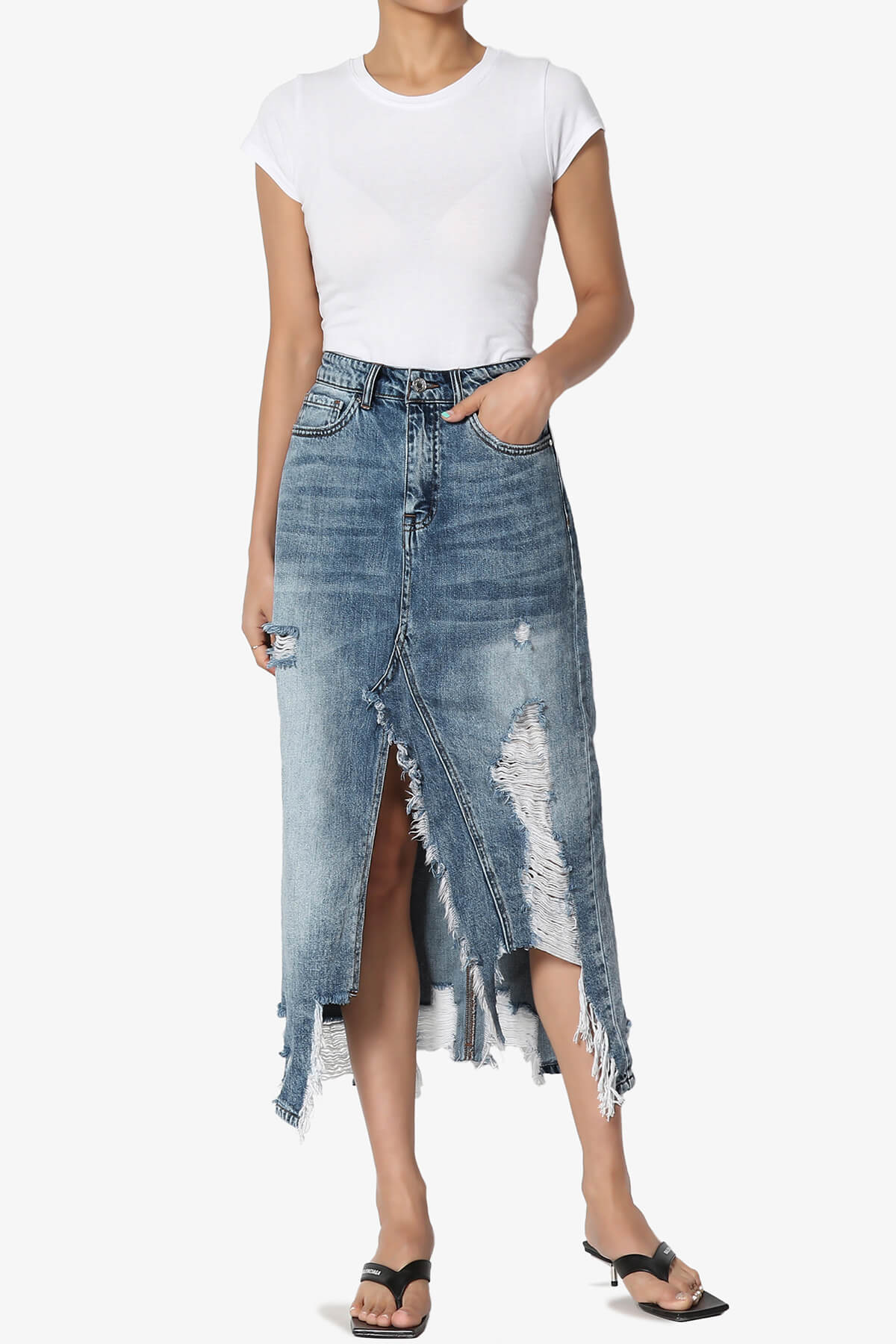 Abigail Distressed Front Slit Denim Long Skirt