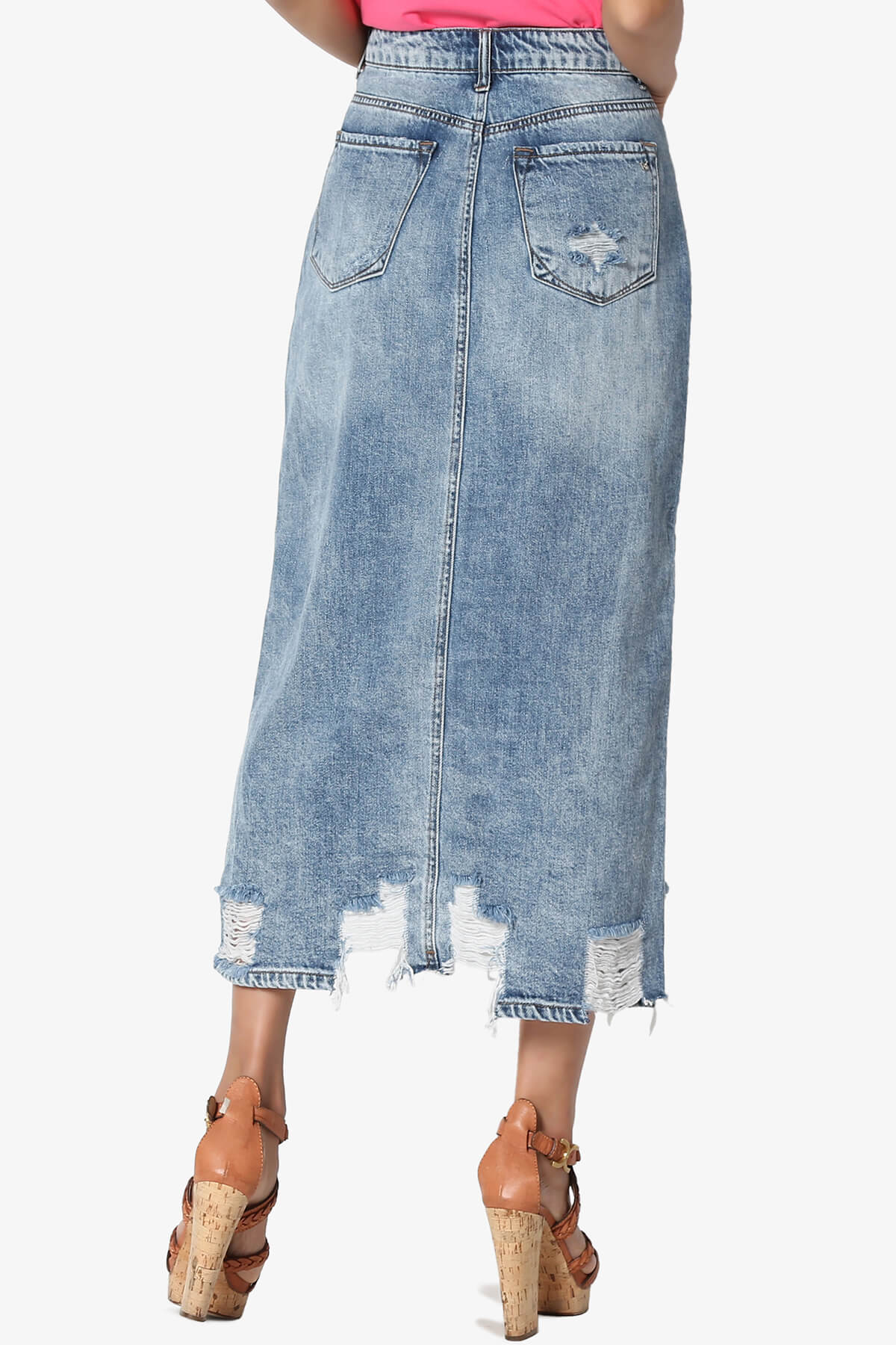 Abigail Distressed Front Slit Denim Long Skirt