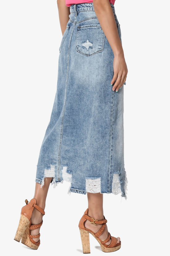 Abigail Distressed Front Slit Denim Long Skirt