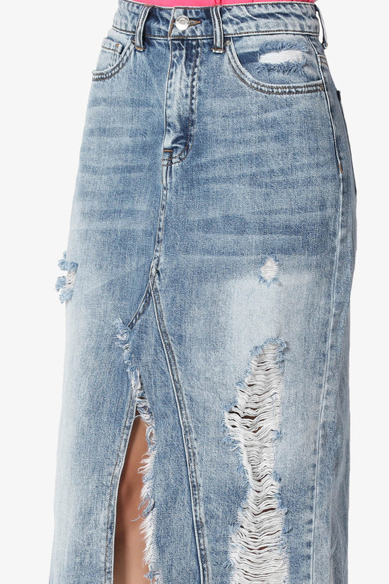 Abigail Distressed Front Slit Denim Long Skirt