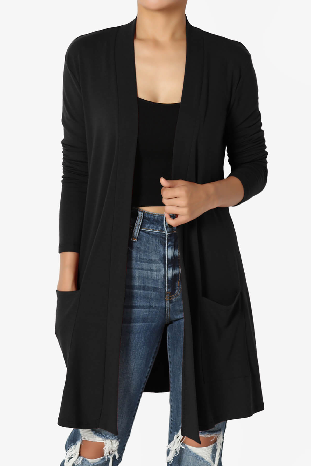 Daday Long Sleeve Pocket Open Front Cardigan BLACK_1