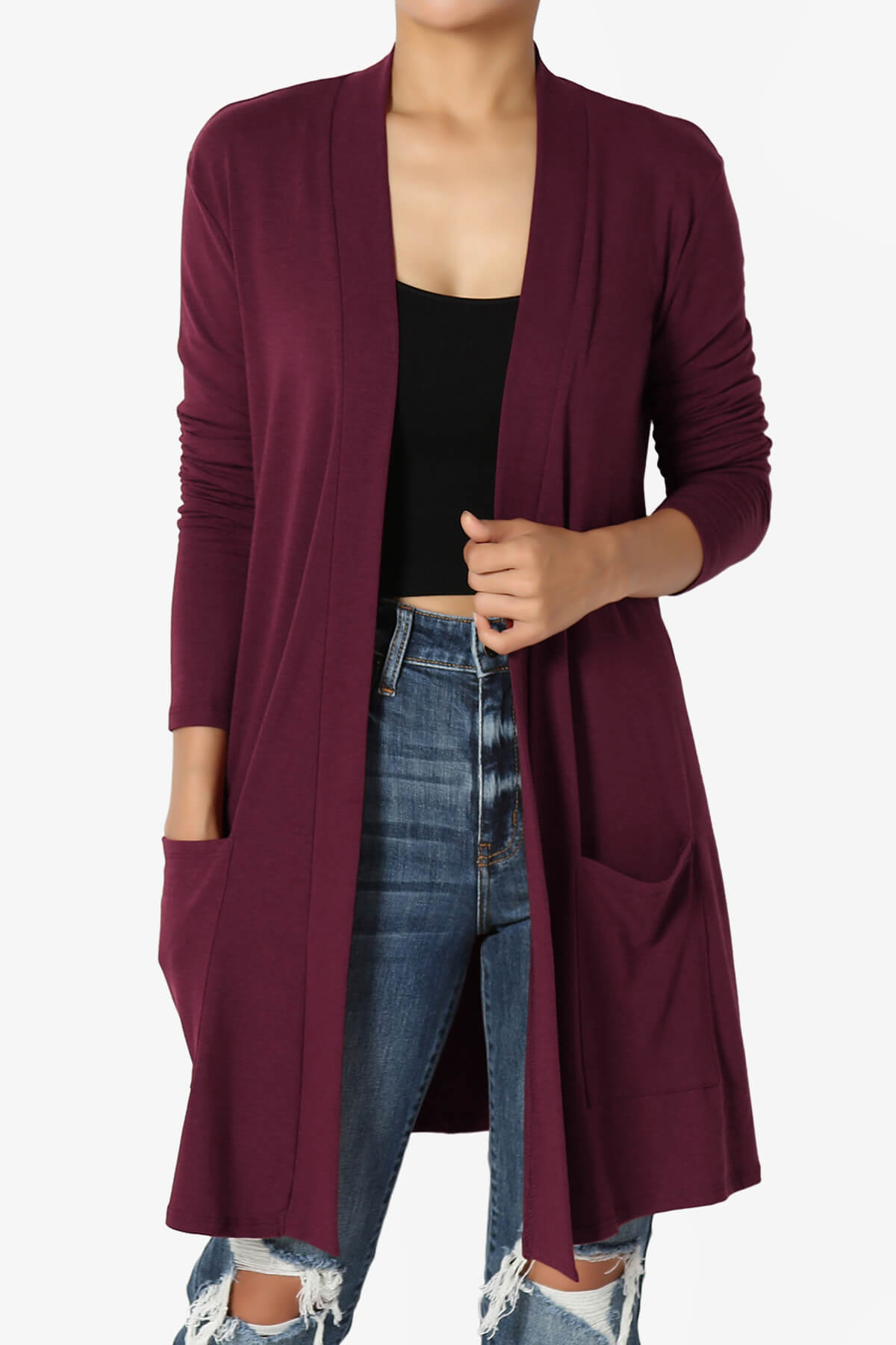 Daday Long Sleeve Pocket Open Front Cardigan DARK BURGUNDY_1