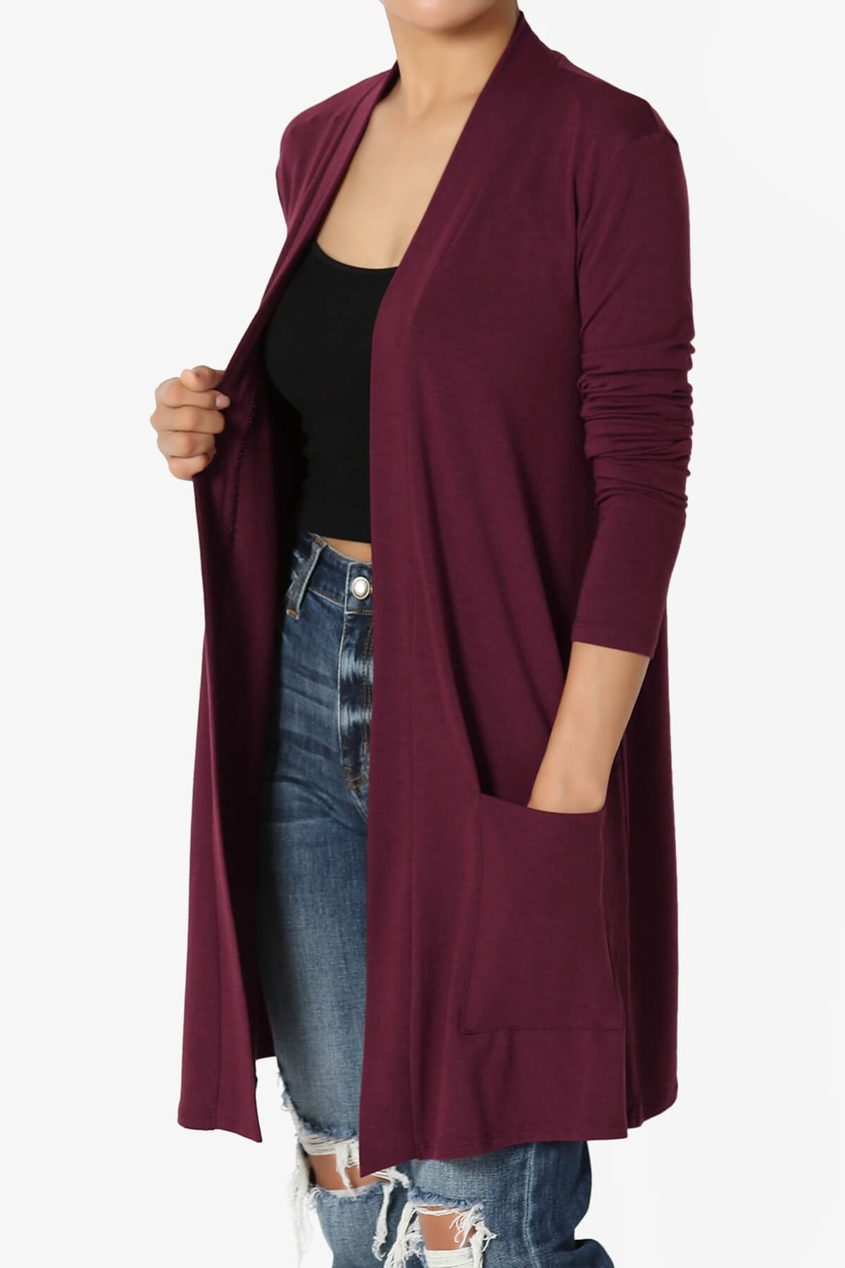 Daday Long Sleeve Pocket Open Front Cardigan DARK BURGUNDY_3