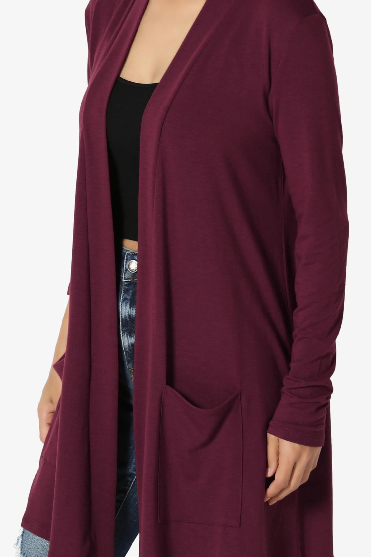 Daday Long Sleeve Pocket Open Front Cardigan DARK BURGUNDY_5