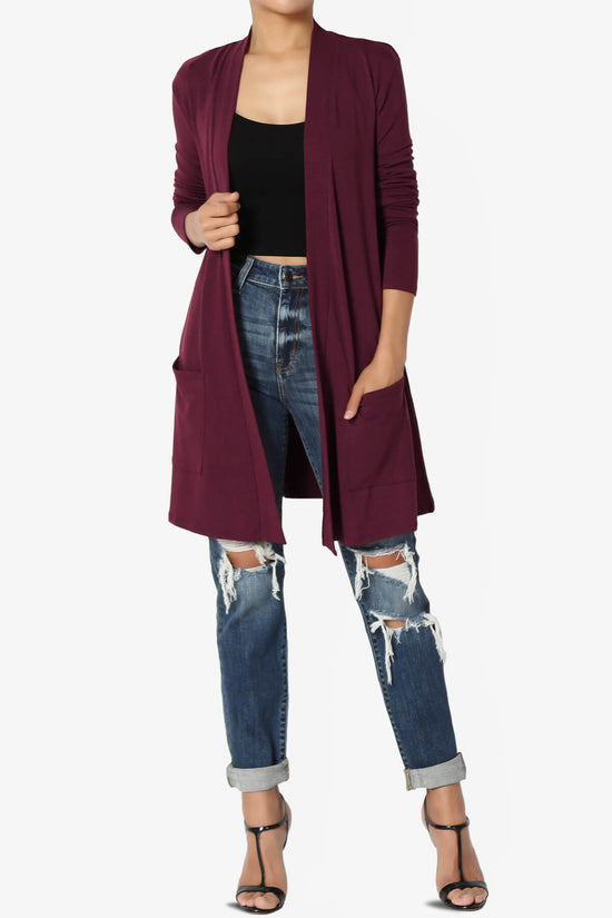 Daday Long Sleeve Pocket Open Front Cardigan DARK BURGUNDY_6