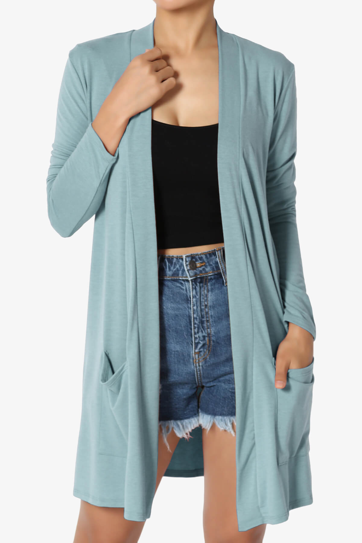 Daday Long Sleeve Pocket Open Front Cardigan DUSTY BLUE_1