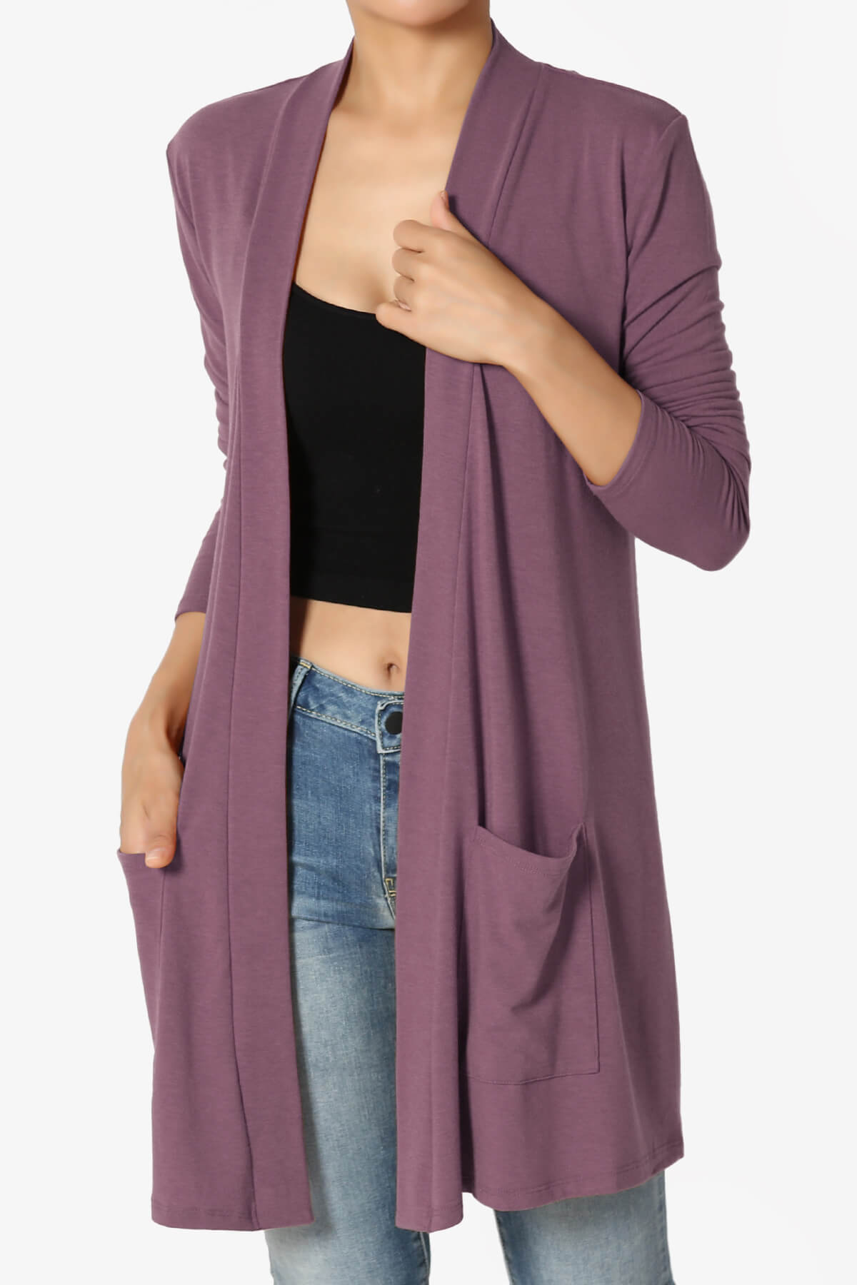 Daday Long Sleeve Pocket Open Front Cardigan DUSTY PLUM_1