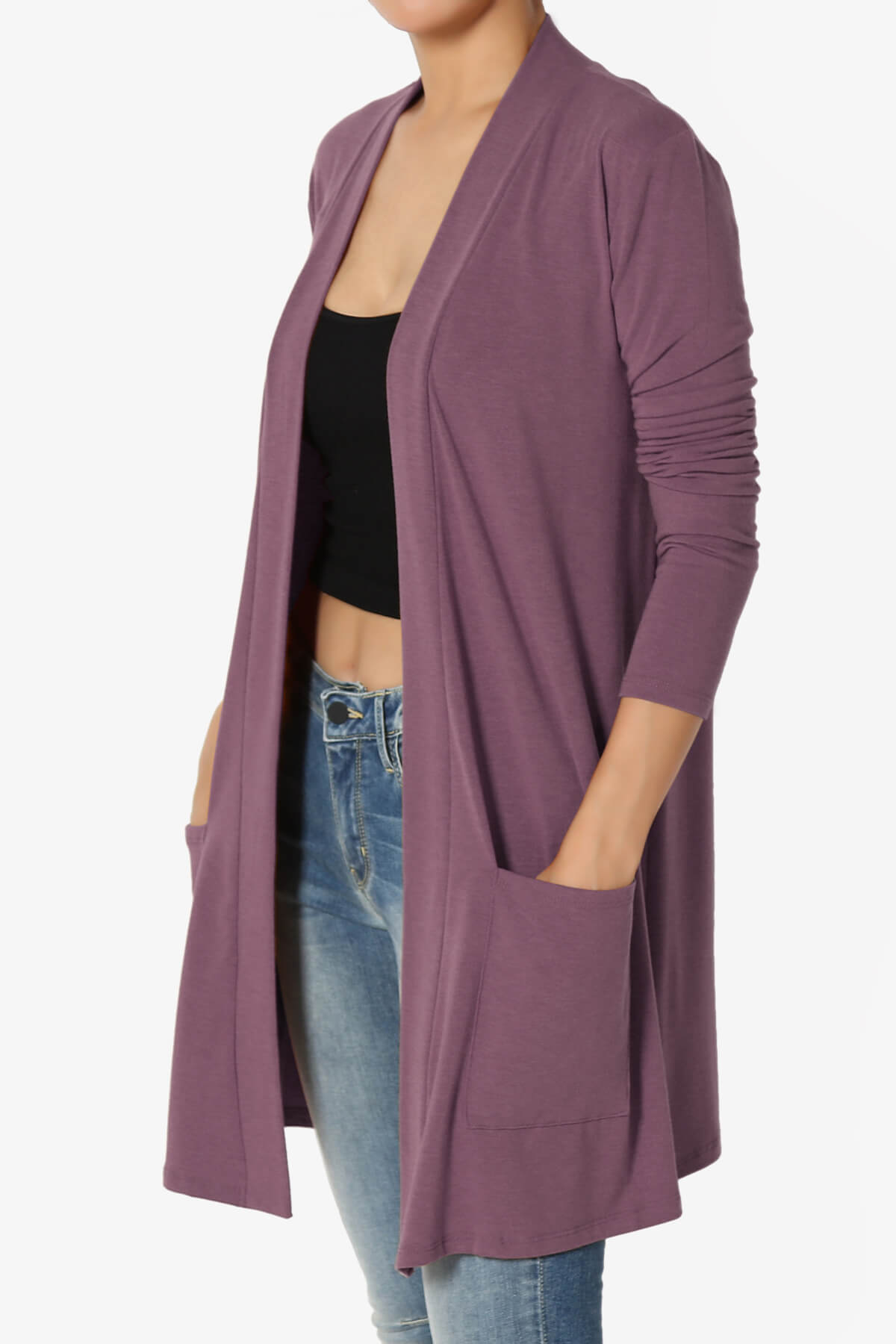 Daday Long Sleeve Pocket Open Front Cardigan DUSTY PLUM_3