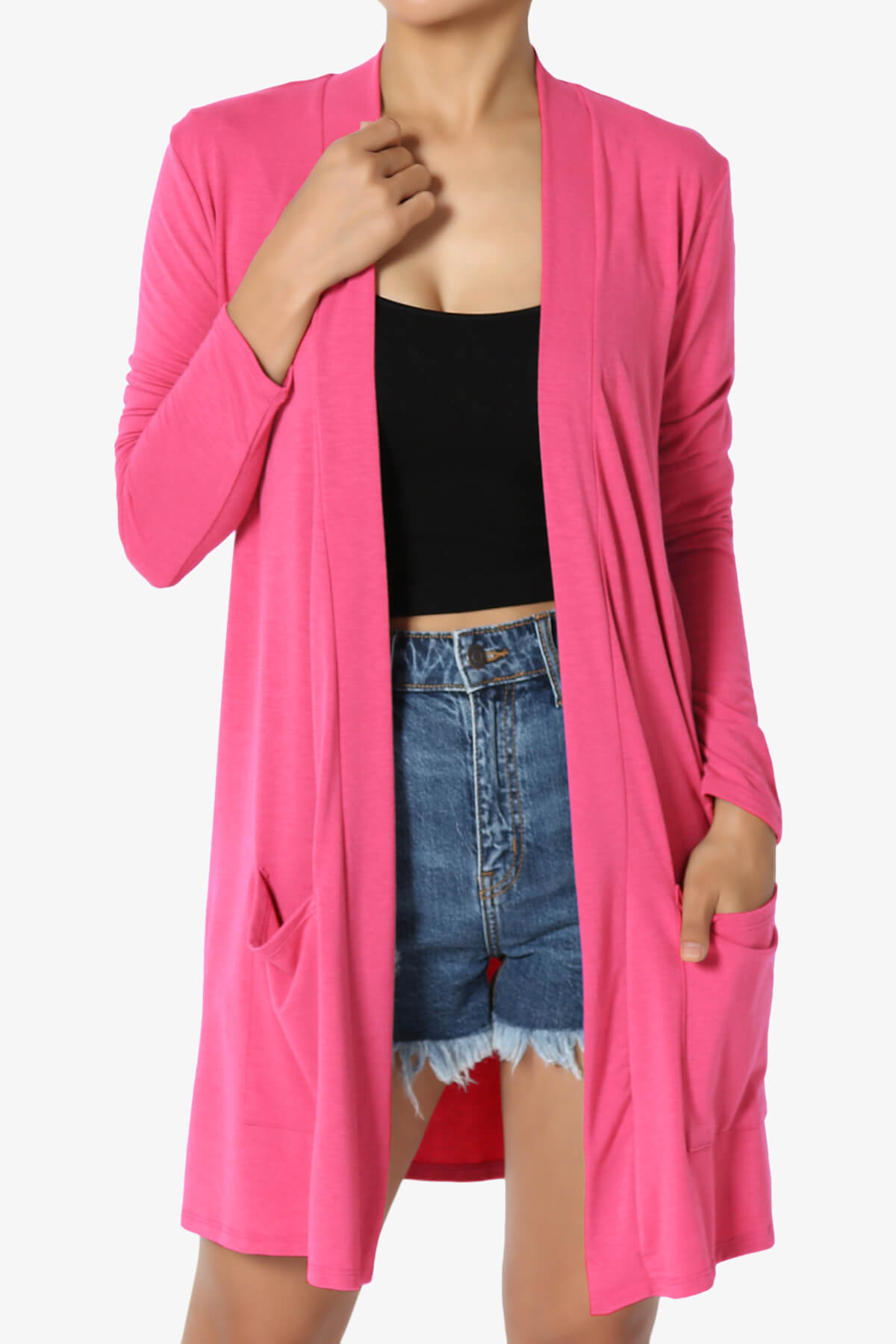 Daday Long Sleeve Pocket Open Front Cardigan FUCHSIA_1