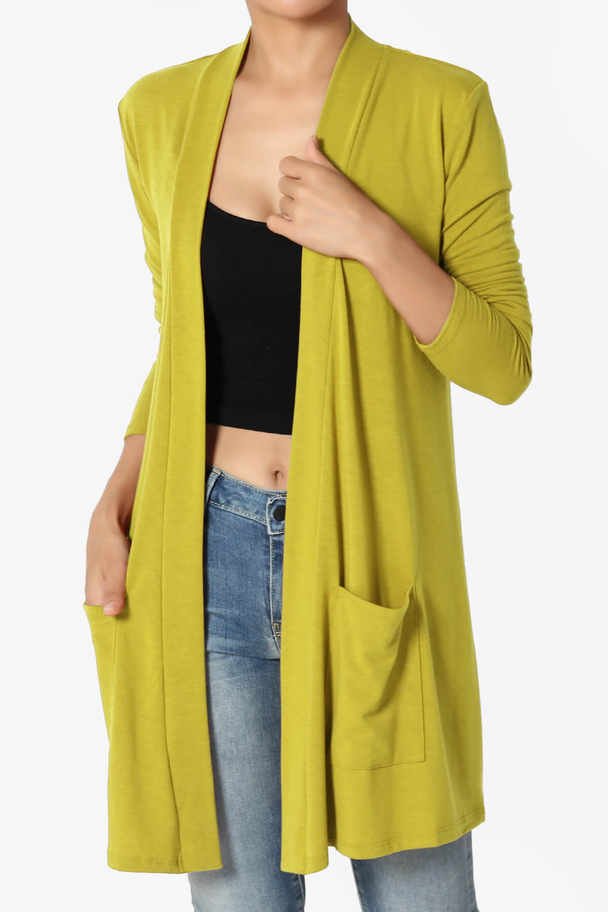 Daday Long Sleeve Pocket Open Front Cardigan GOLDEN WASABI_1