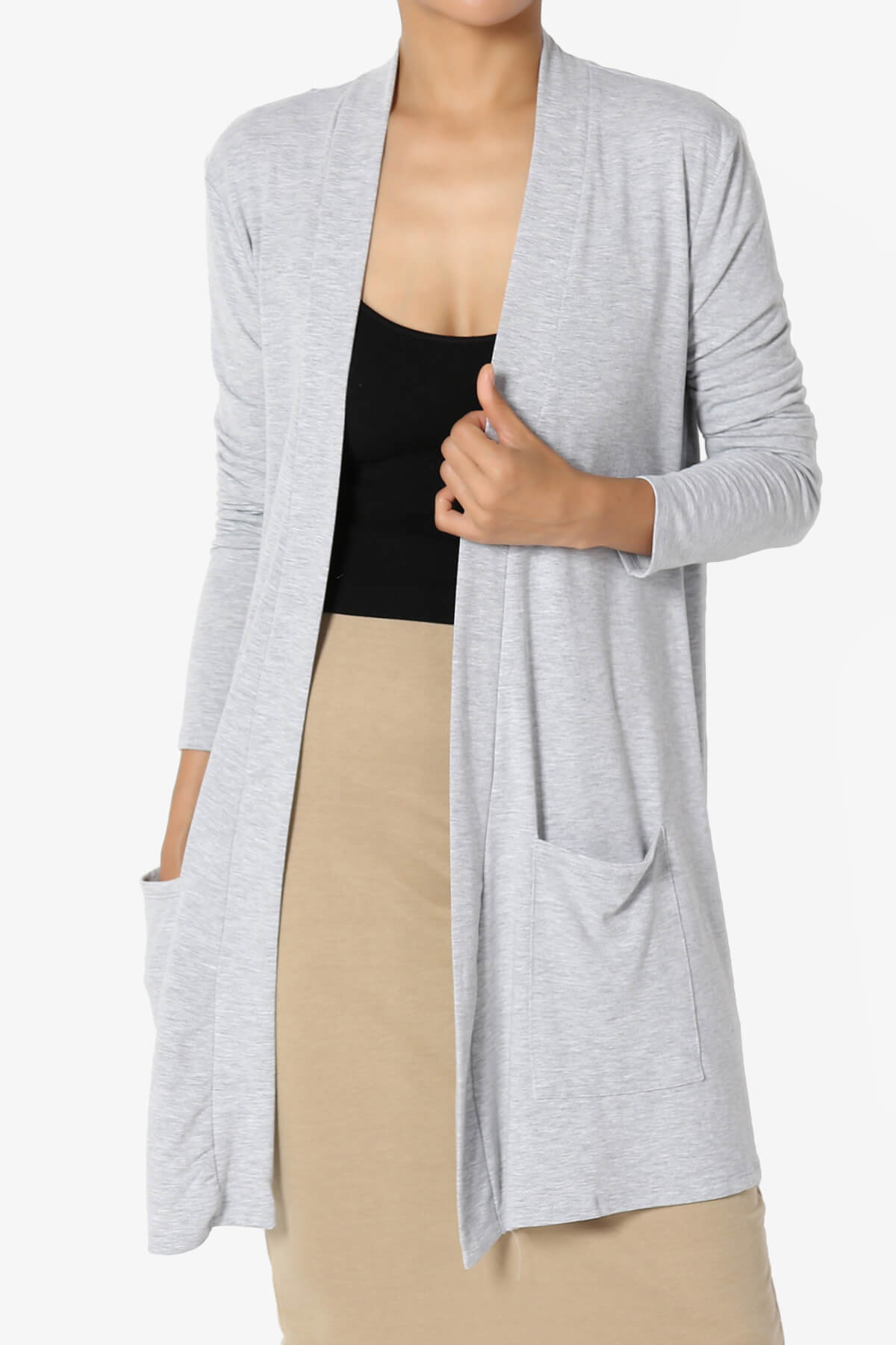 Daday Long Sleeve Pocket Open Front Cardigan HEATHER GREY_1