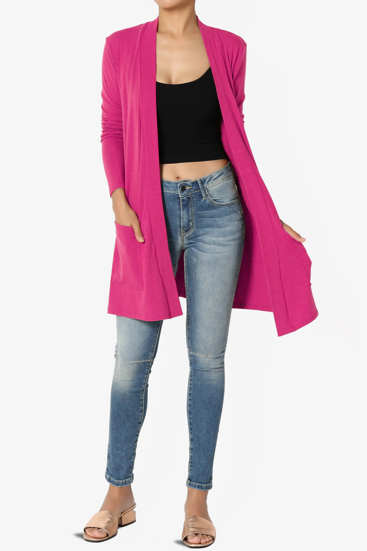 Daday Long Sleeve Pocket Open Front Cardigan HOT PINK_6