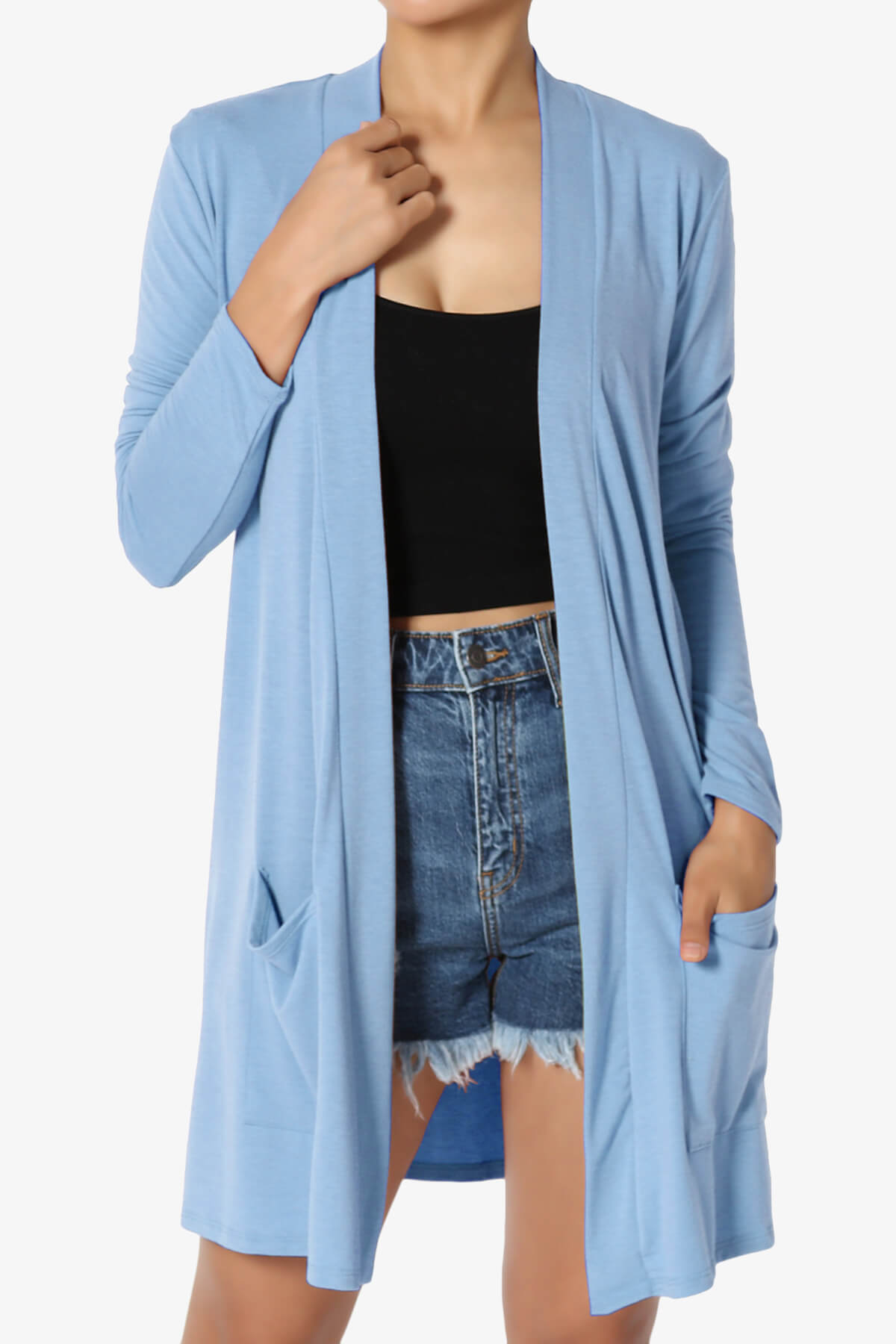 Daday Long Sleeve Pocket Open Front Cardigan LIGHT BLUE_1