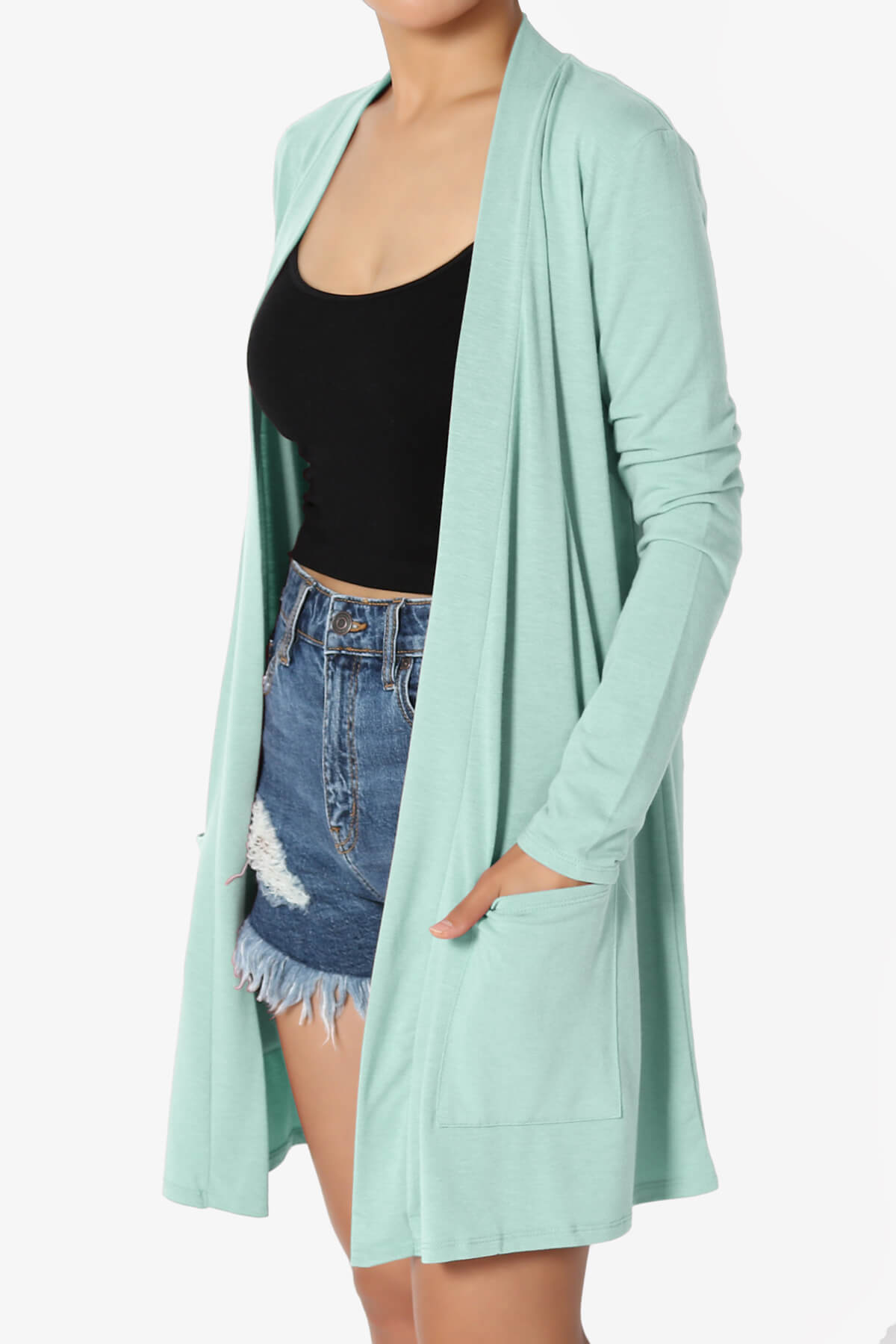 Daday Long Sleeve Pocket Open Front Cardigan LIGHT GREEN_3