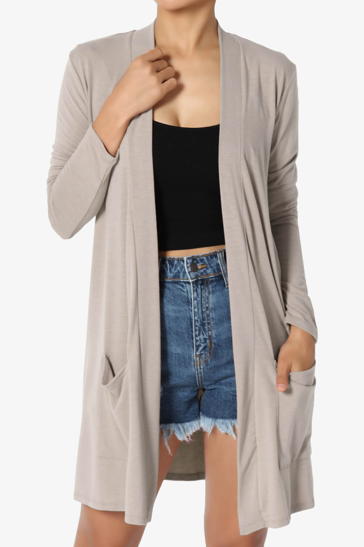 Daday Long Sleeve Pocket Open Front Cardigan LIGHT MOCHA_1