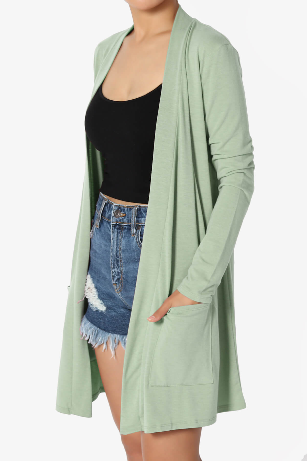 Daday Long Sleeve Pocket Open Front Cardigan LIGHT SAGE_3