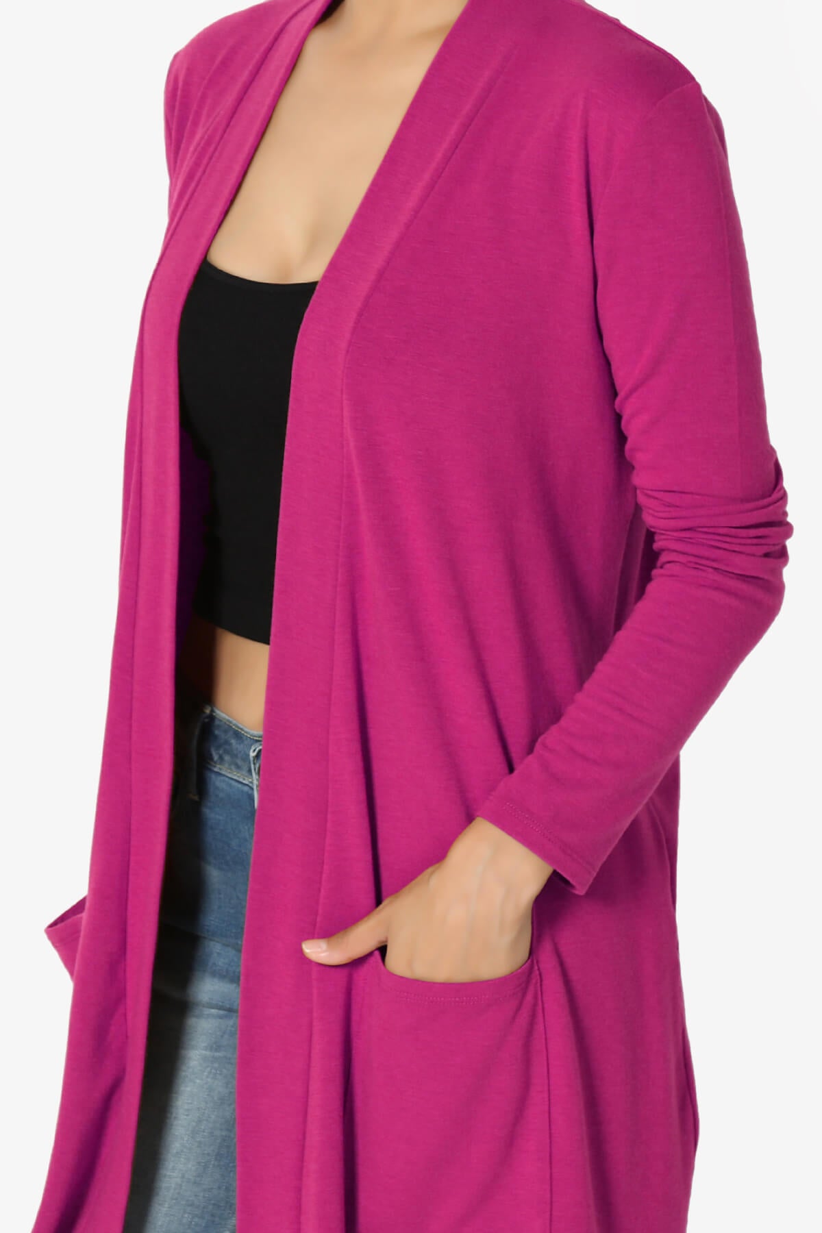 Daday Long Sleeve Pocket Open Front Cardigan MAGENTA_5