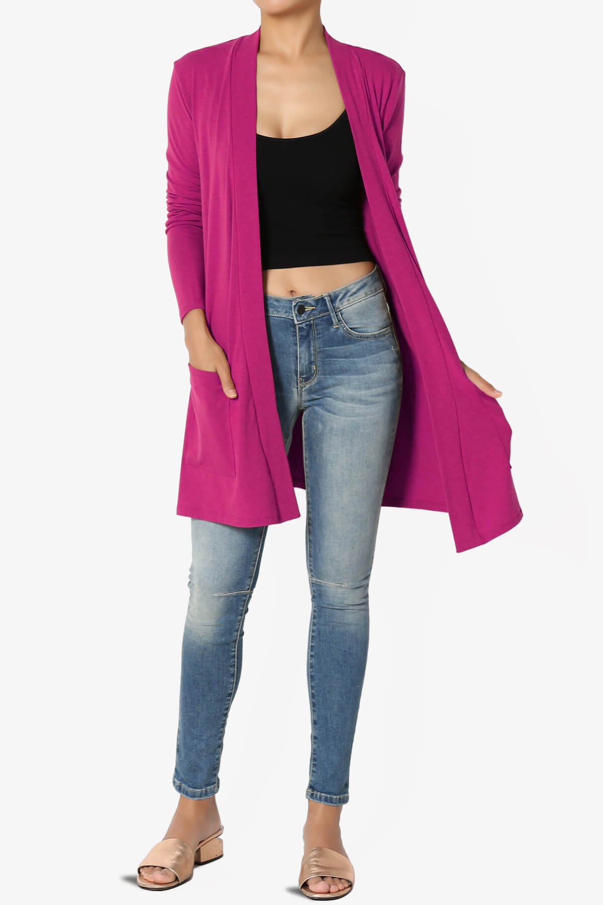 Daday Long Sleeve Pocket Open Front Cardigan MAGENTA_6