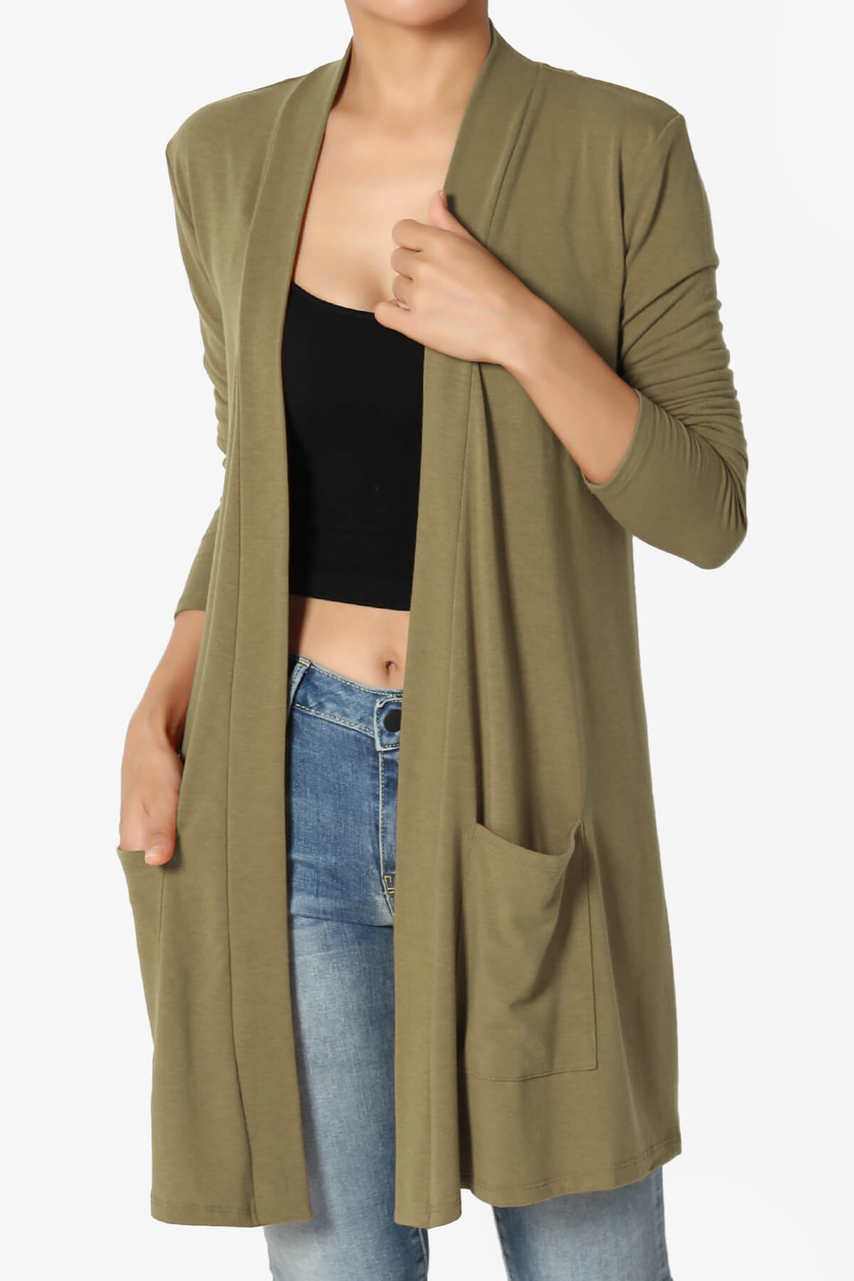 Daday Long Sleeve Pocket Open Front Cardigan OLIVE KHAKI_1