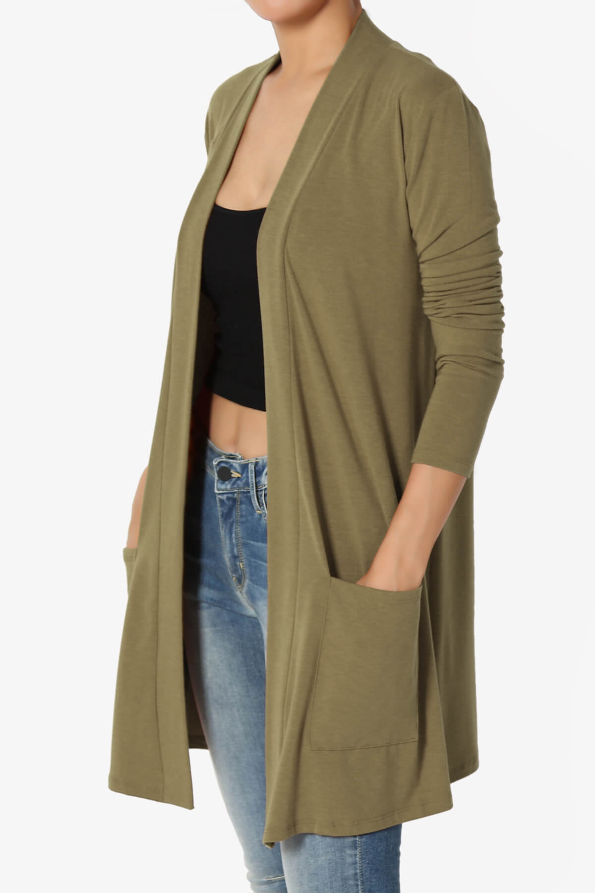 Daday Long Sleeve Pocket Open Front Cardigan OLIVE KHAKI_3