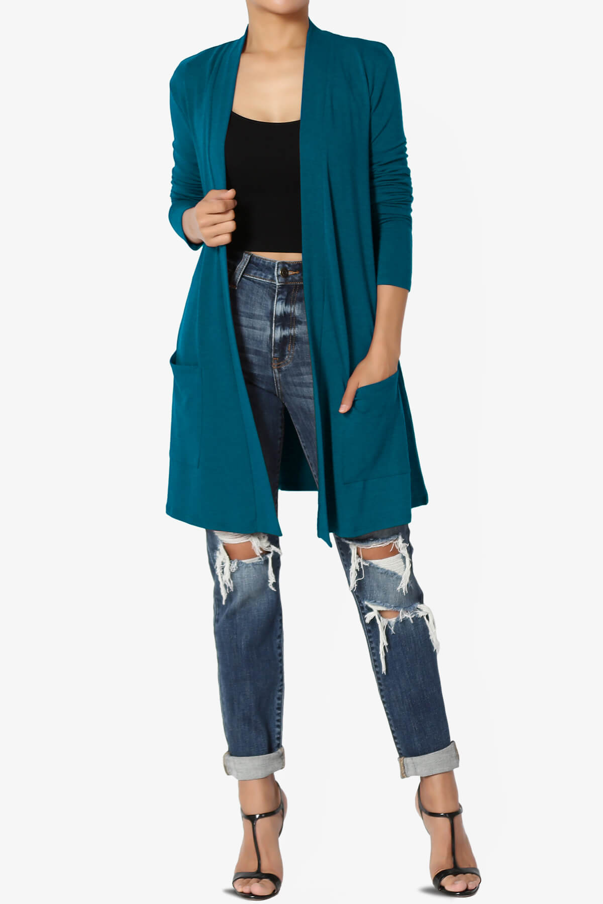 Daday Long Sleeve Pocket Open Front Cardigan TEAL_6