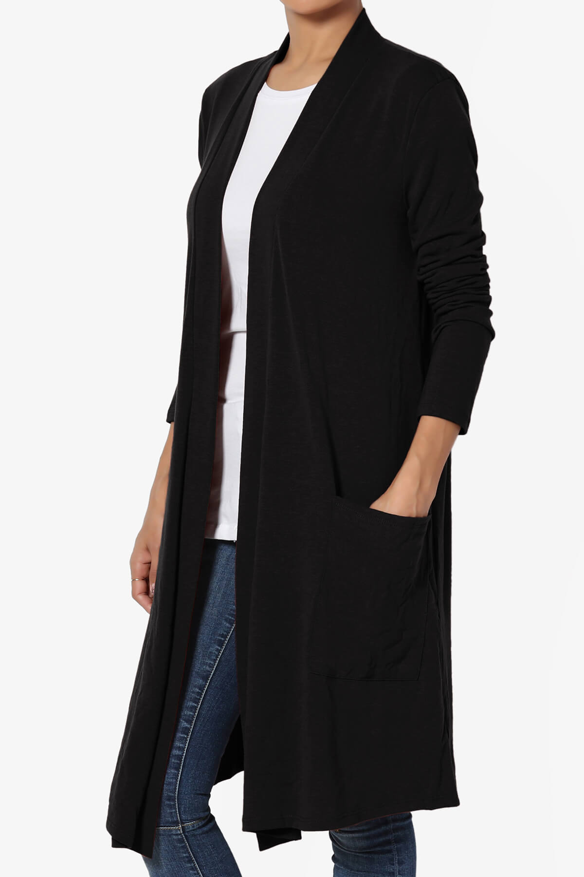 Load image into Gallery viewer, Daday Pocket Jersey Knee Length Cardigan BLACK_3
