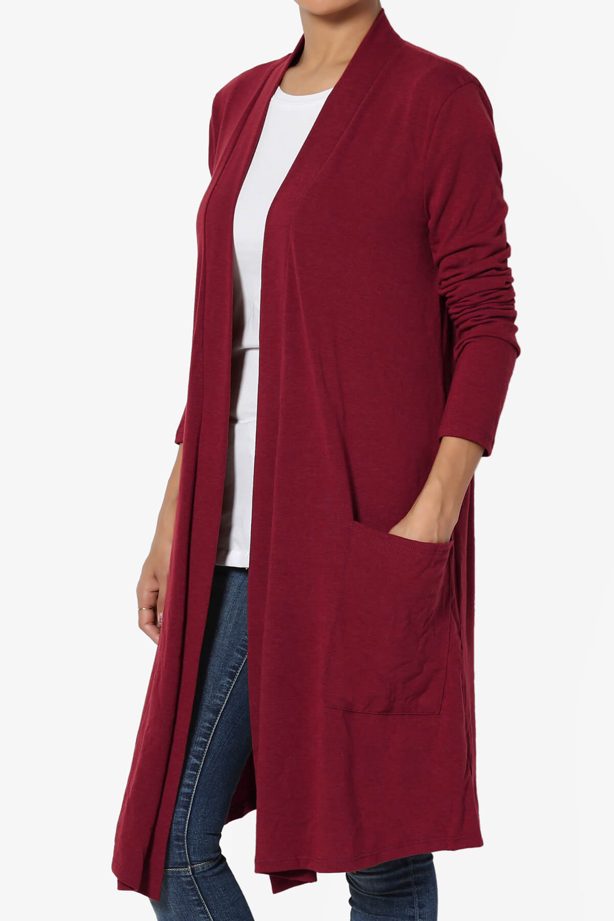 Load image into Gallery viewer, Daday Pocket Jersey Knee Length Cardigan BURGUNDY_3
