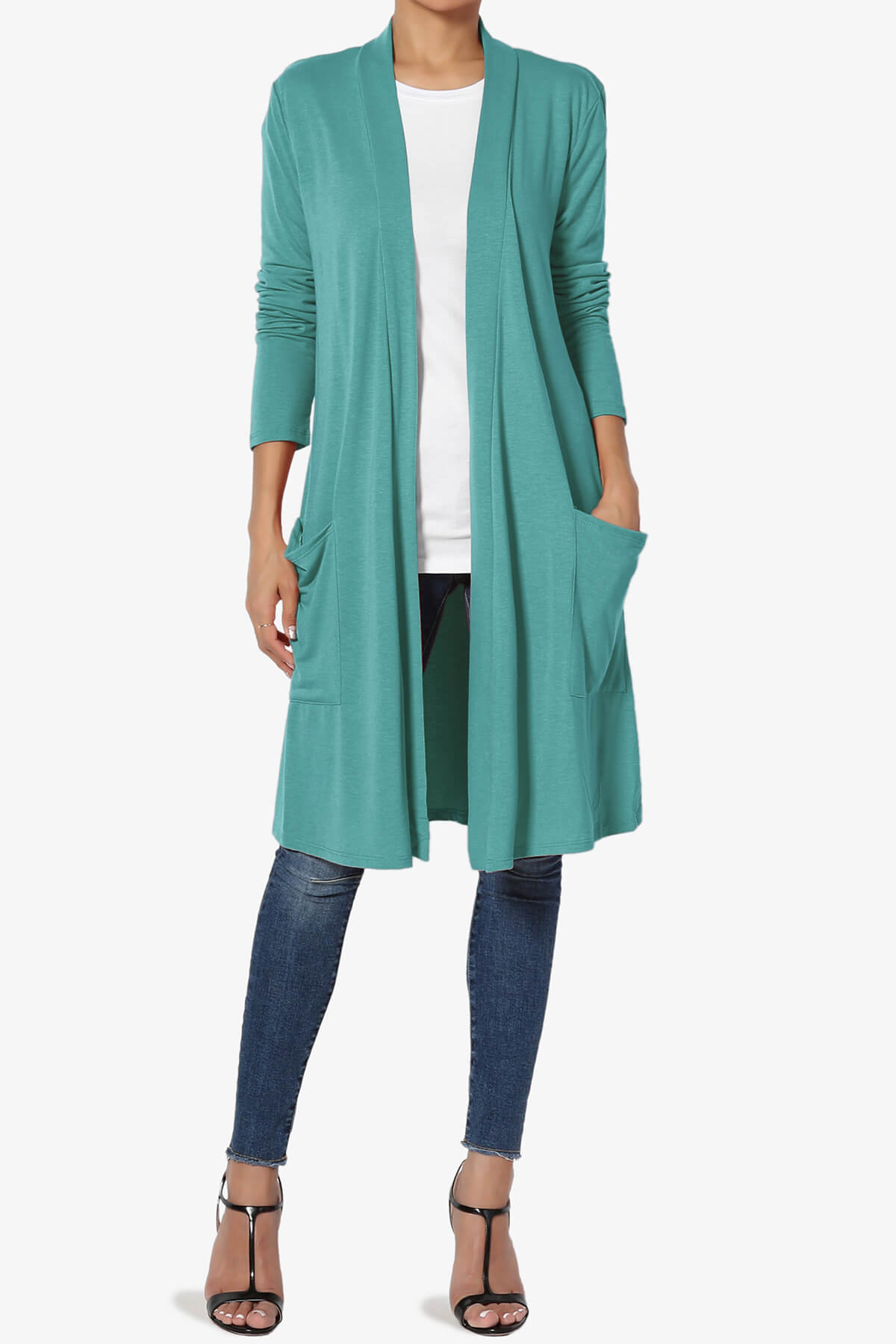 Load image into Gallery viewer, Daday Pocket Jersey Knee Length Cardigan DUSTY TEAL_6
