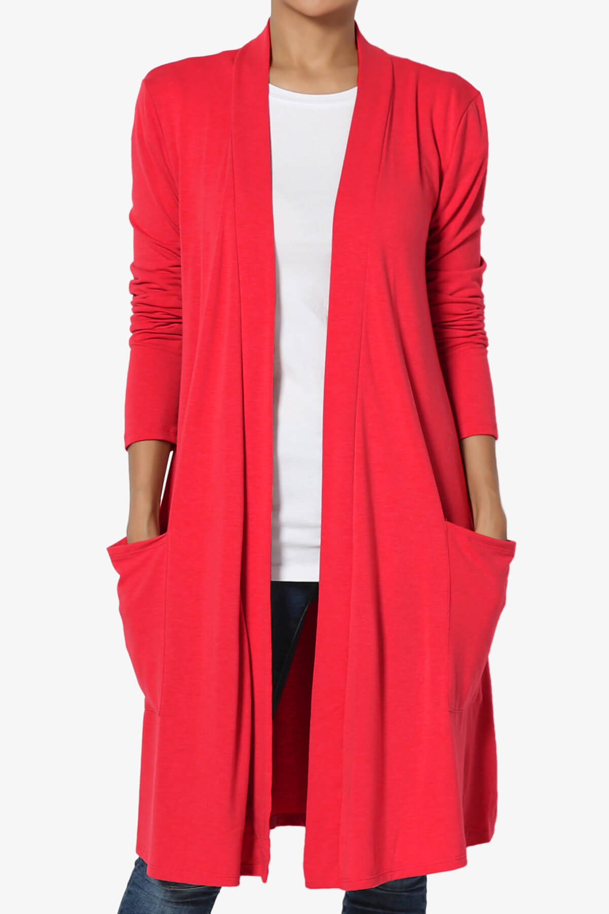 Load image into Gallery viewer, Daday Pocket Jersey Knee Length Cardigan RED_1
