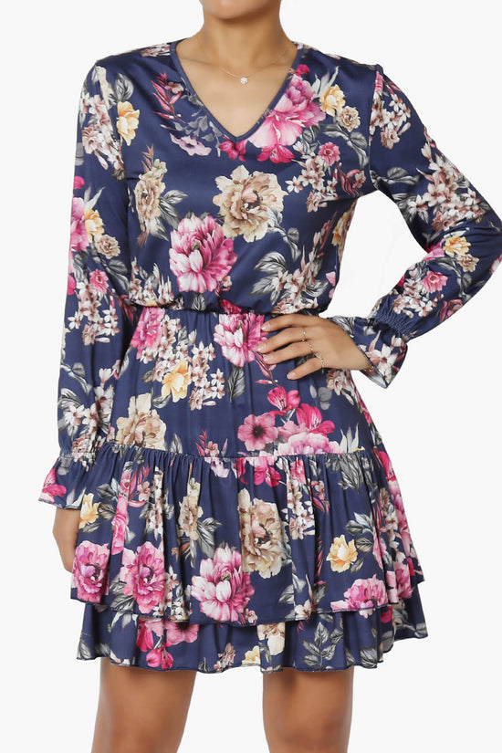Everlie Floral Long Sleeve Ruffle Tiered Dress NAVY_1