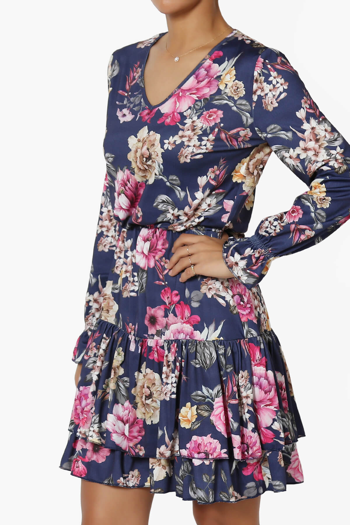 Everlie Floral Long Sleeve Ruffle Tiered Dress NAVY_3