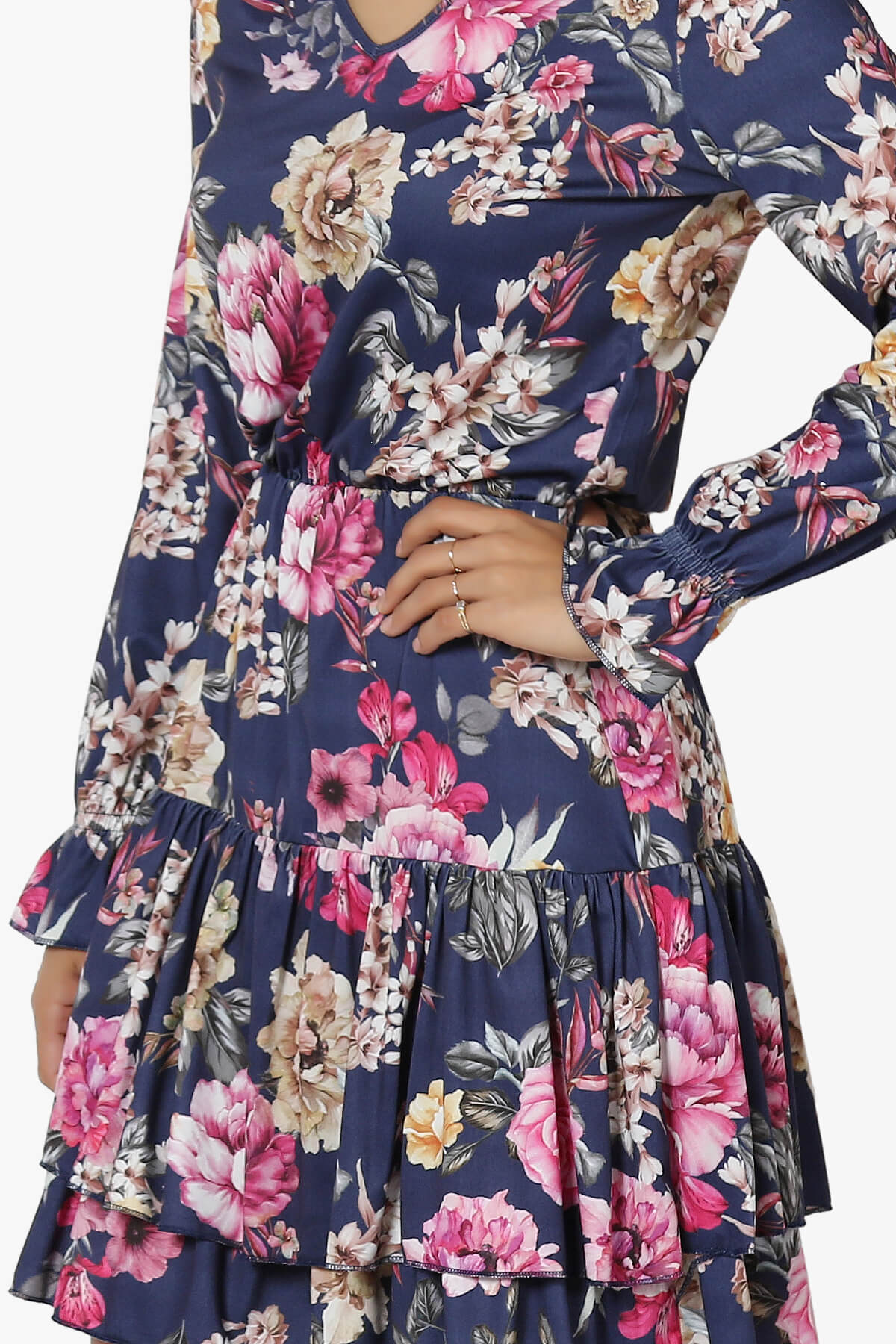 Everlie Floral Long Sleeve Ruffle Tiered Dress NAVY_5