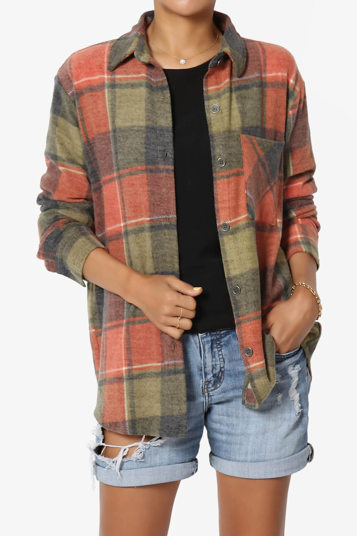 Load image into Gallery viewer, Everlie Soft Fleece Plaid Button Up Shirt OLIVE_1
