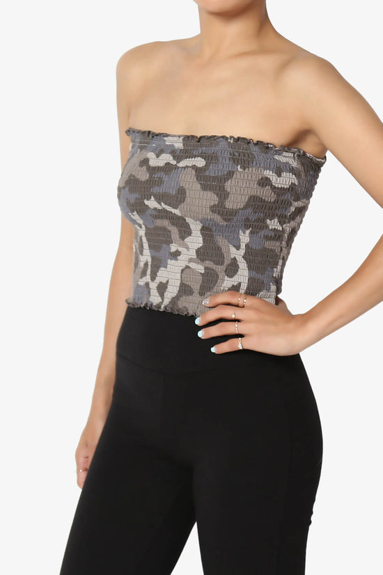 Load image into Gallery viewer, Faleece Camo Smocked Crop Tube Top DUSTY OLIVE_3

