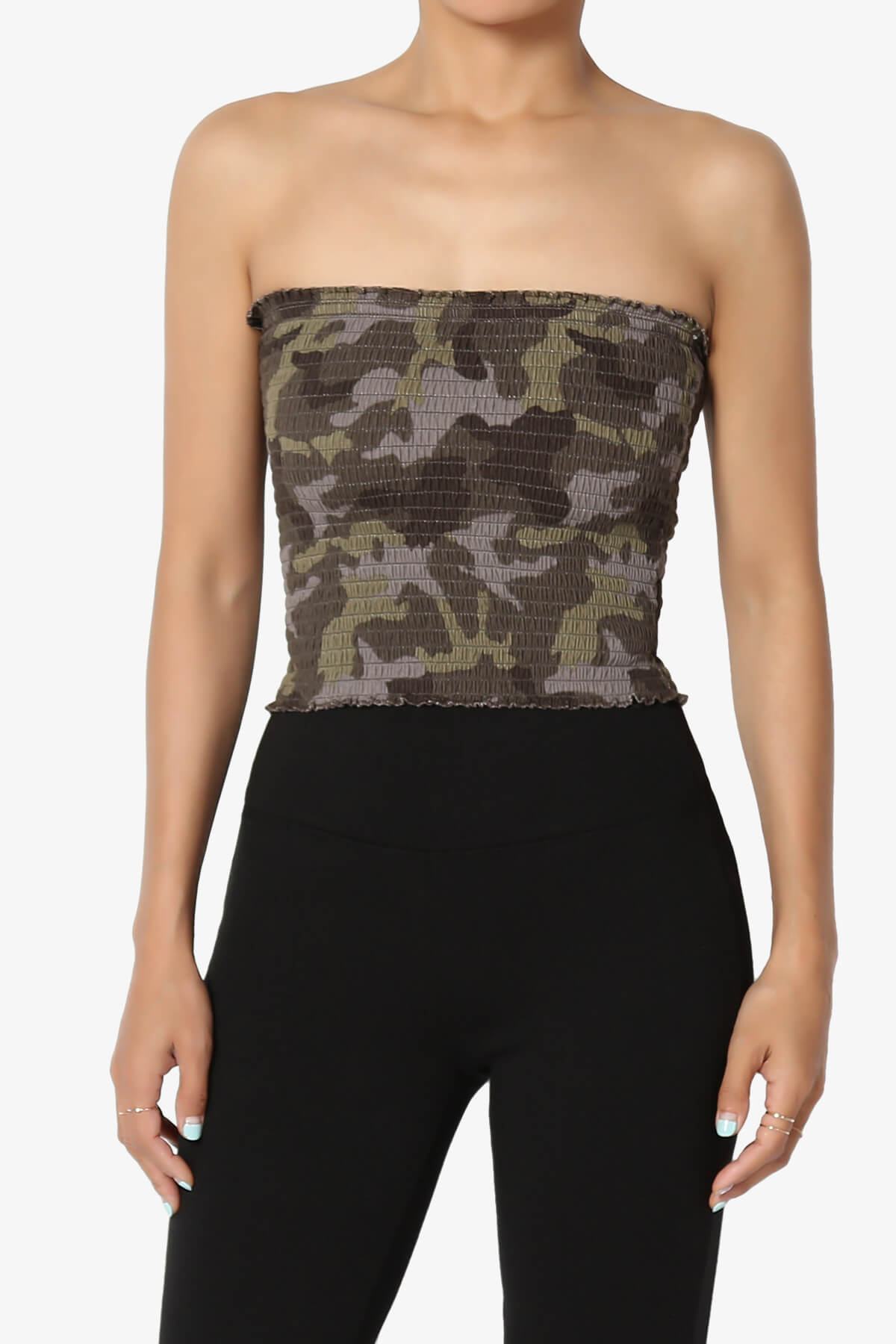 Load image into Gallery viewer, Faleece Camo Smocked Crop Tube Top OLIVE_1
