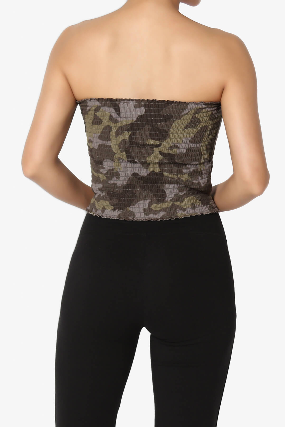 Load image into Gallery viewer, Faleece Camo Smocked Crop Tube Top OLIVE_2
