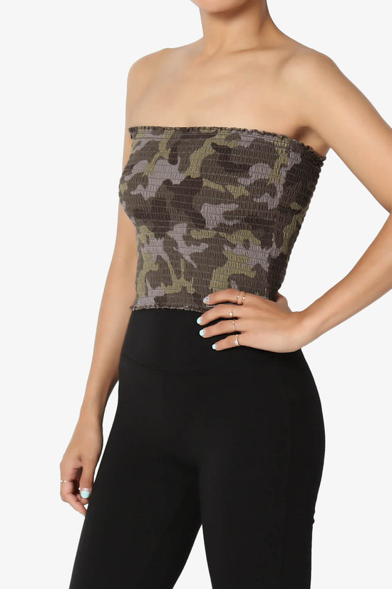 Load image into Gallery viewer, Faleece Camo Smocked Crop Tube Top OLIVE_3
