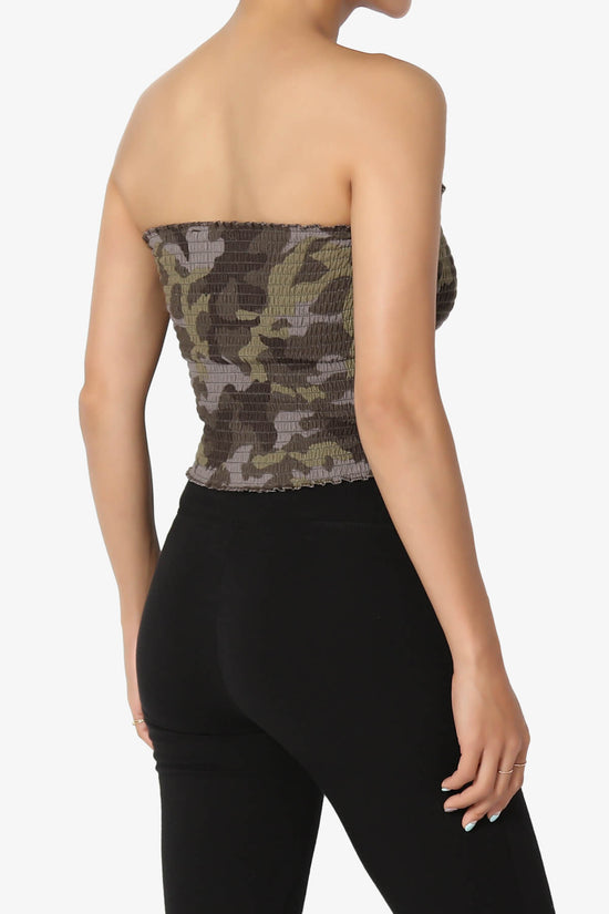 Load image into Gallery viewer, Faleece Camo Smocked Crop Tube Top OLIVE_4
