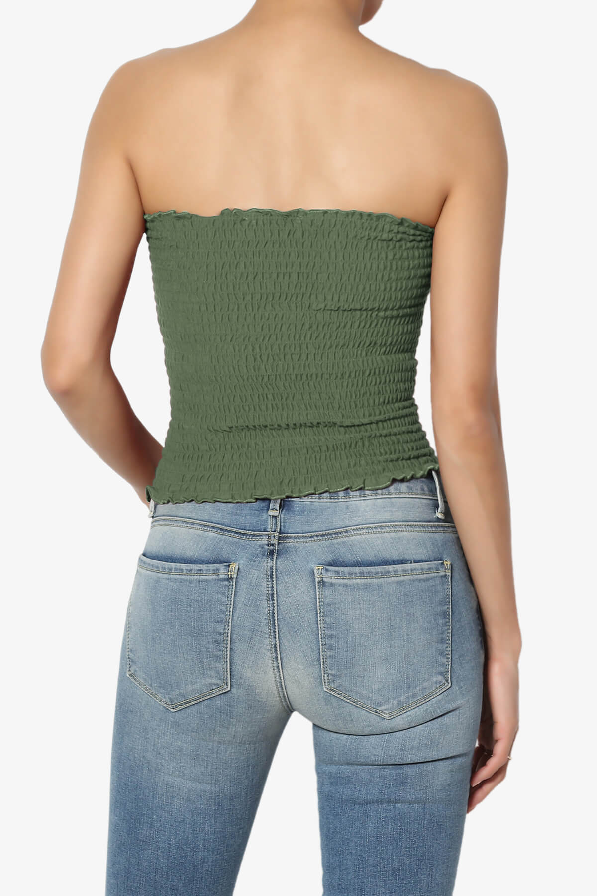 Load image into Gallery viewer, Faleece Smocked Crop Tube Top ASH OLIVE_2

