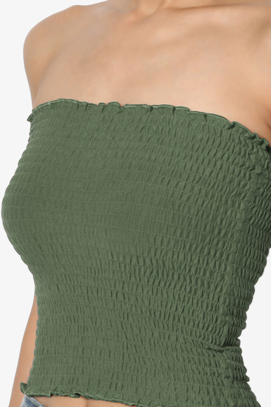 Load image into Gallery viewer, Faleece Smocked Crop Tube Top ASH OLIVE_5

