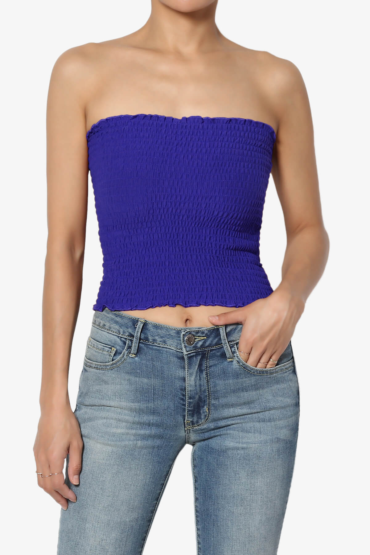 Load image into Gallery viewer, Faleece Smocked Crop Tube Top BRIGHT BLUE_1
