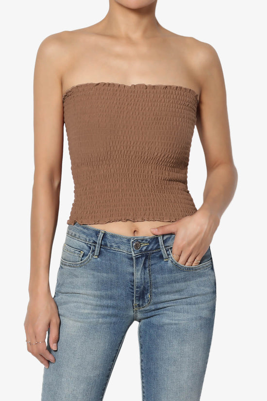 Load image into Gallery viewer, Faleece Smocked Crop Tube Top DEEP CAMEL_1
